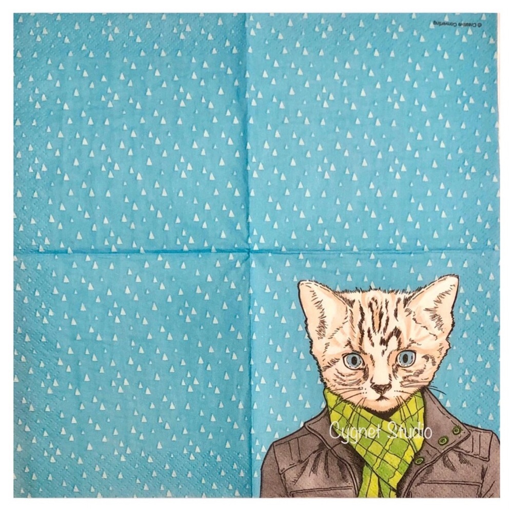 Elise Two (2) INDIVIDUAL Premium Dapper Cat Decoupage Cocktail Napkins